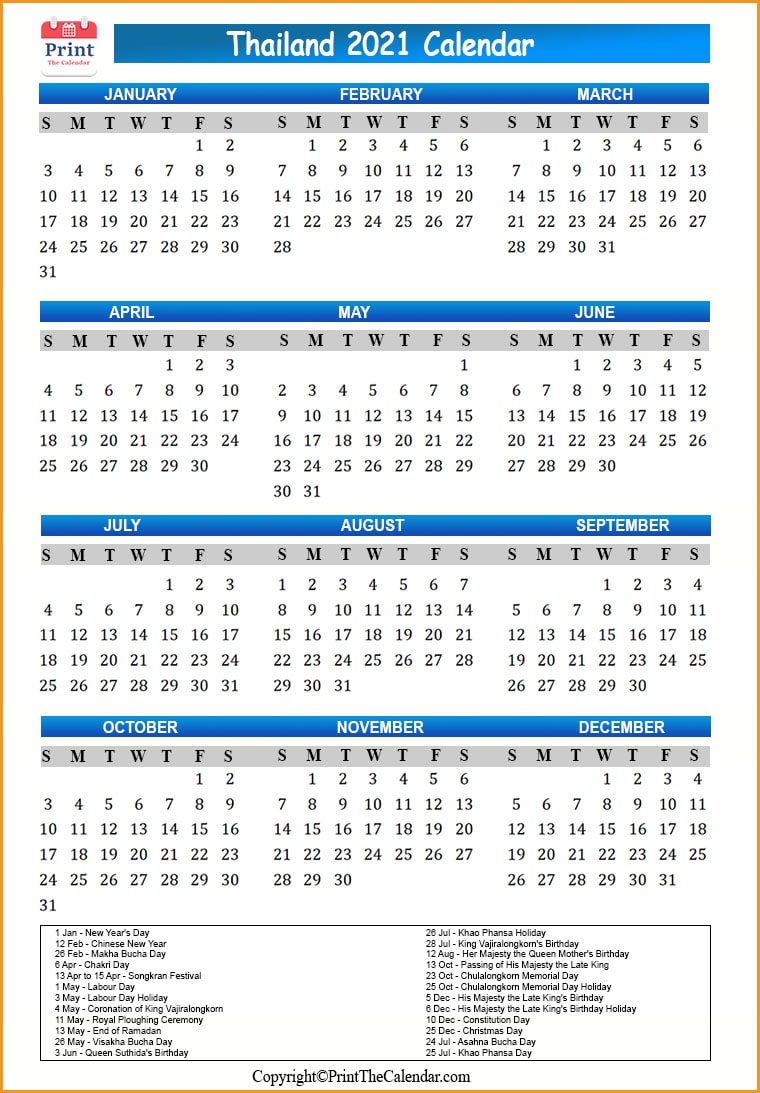 Thailand Calendar 2021